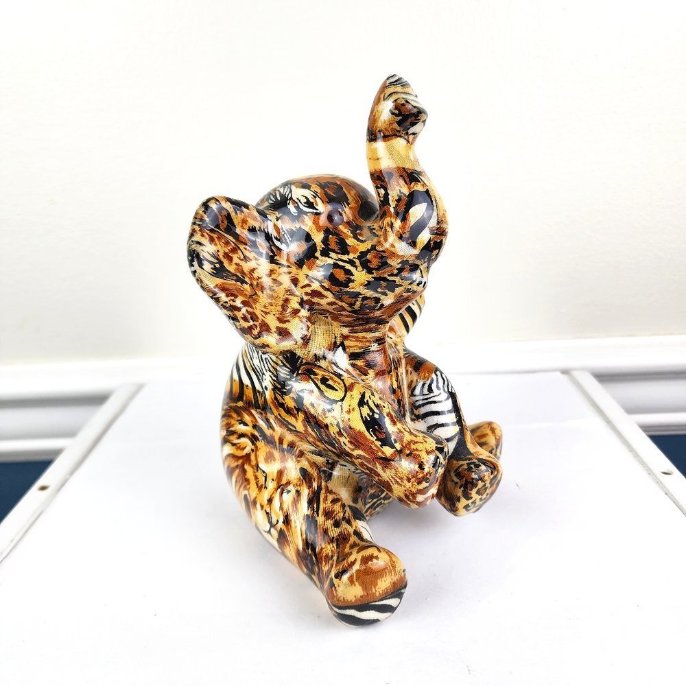 La Vie Glazed Safari Patchwork Sitting Elephant Figurine